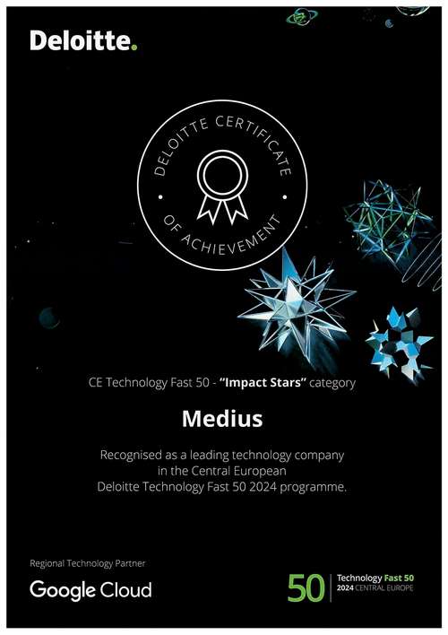 A photo of Deloitte Certificate of Achievement. CE Technology Fast 50 - Impact Stars category issued to Medius.